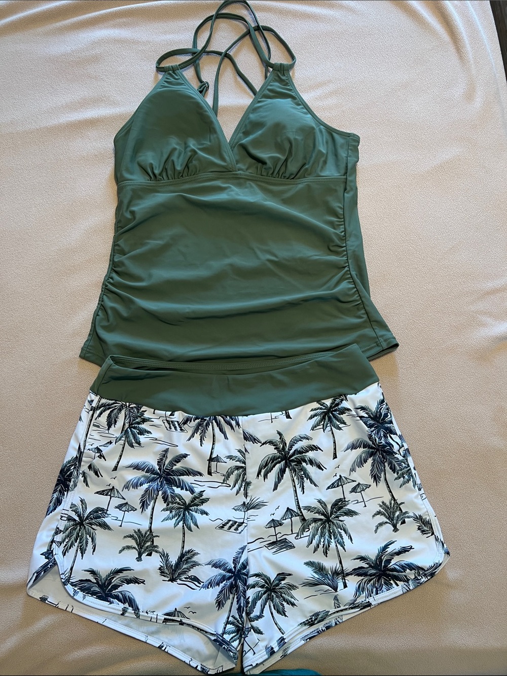 Talisea Women's Olive Green Tankini Top and Palm-Print Swim Shorts Set L